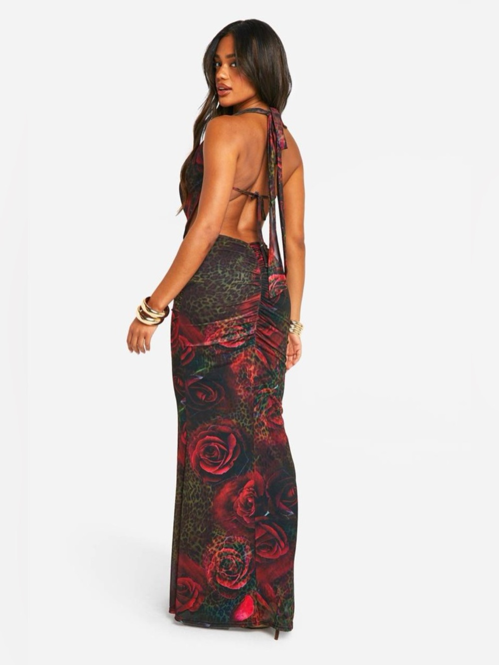Boohoo Mixed Print Leopard Plunge Ruched Bum Maxi Dress - Picture 4 of 8